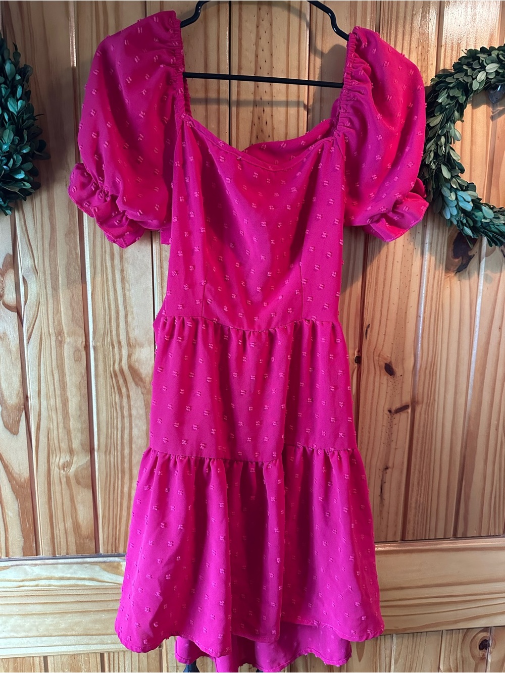 SHEIN Bright Pink Puff Sleeve Tiered Mini Dress